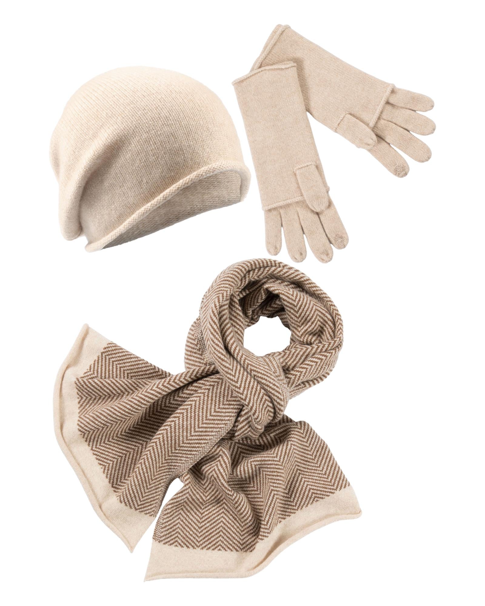 (image for) Online Verkaufen Kaschmir-Beanie, Handschuh + Schal mit Fischgrät-Muster - Beige meliert mütze shop - Click Image to Close